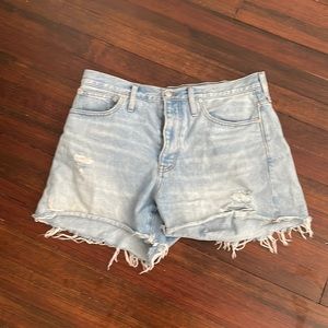 Madewell Relaxed Mid-Length distressed denim shorts light blue